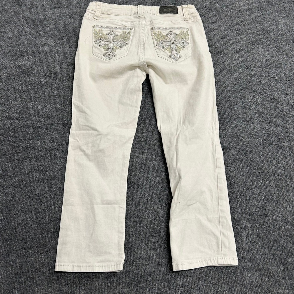 ZCO Jeans Denim Pants Womens Size 5 Off-White Skinny Rhinestone Cross Low Rise - Picture 8 of 9